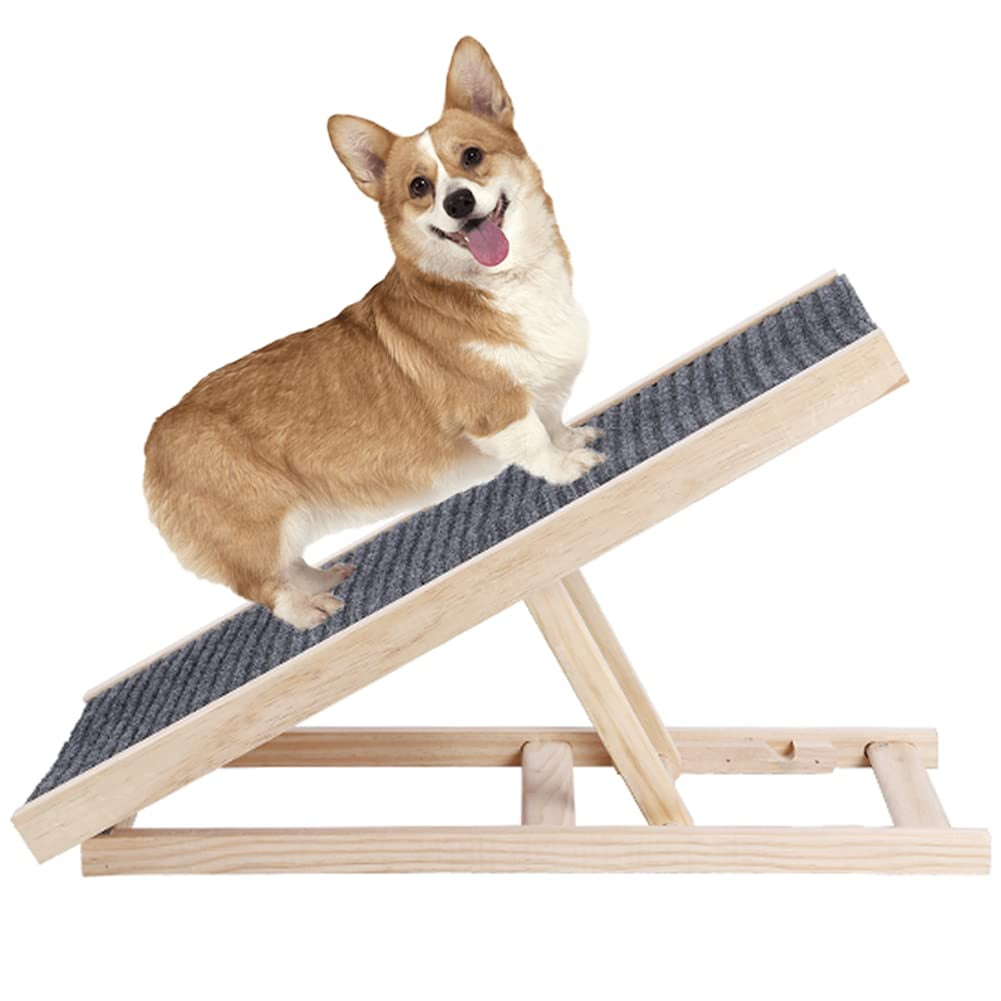 Pet Ramp Dog Ramp with Traction Mat Wooden Adjustable Pet Ladder for Dogs and Cats Easy Step to Car and Bed with Non-Slip Carpet Surface Up to 110 Lbs (2 Gears)