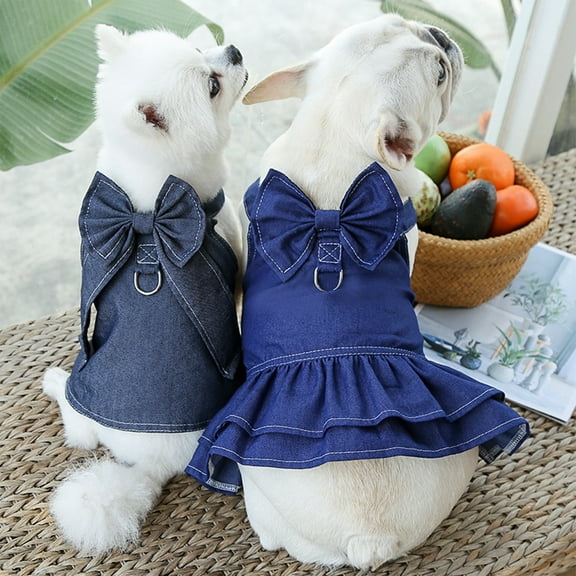 Pet Rt for Small Dogs and Cats, Blue Denim Style Adjustable Ruffle Dress with Bow, Comfortable Breathable Polyester for Fashionable Pets Year-round,Vsgery