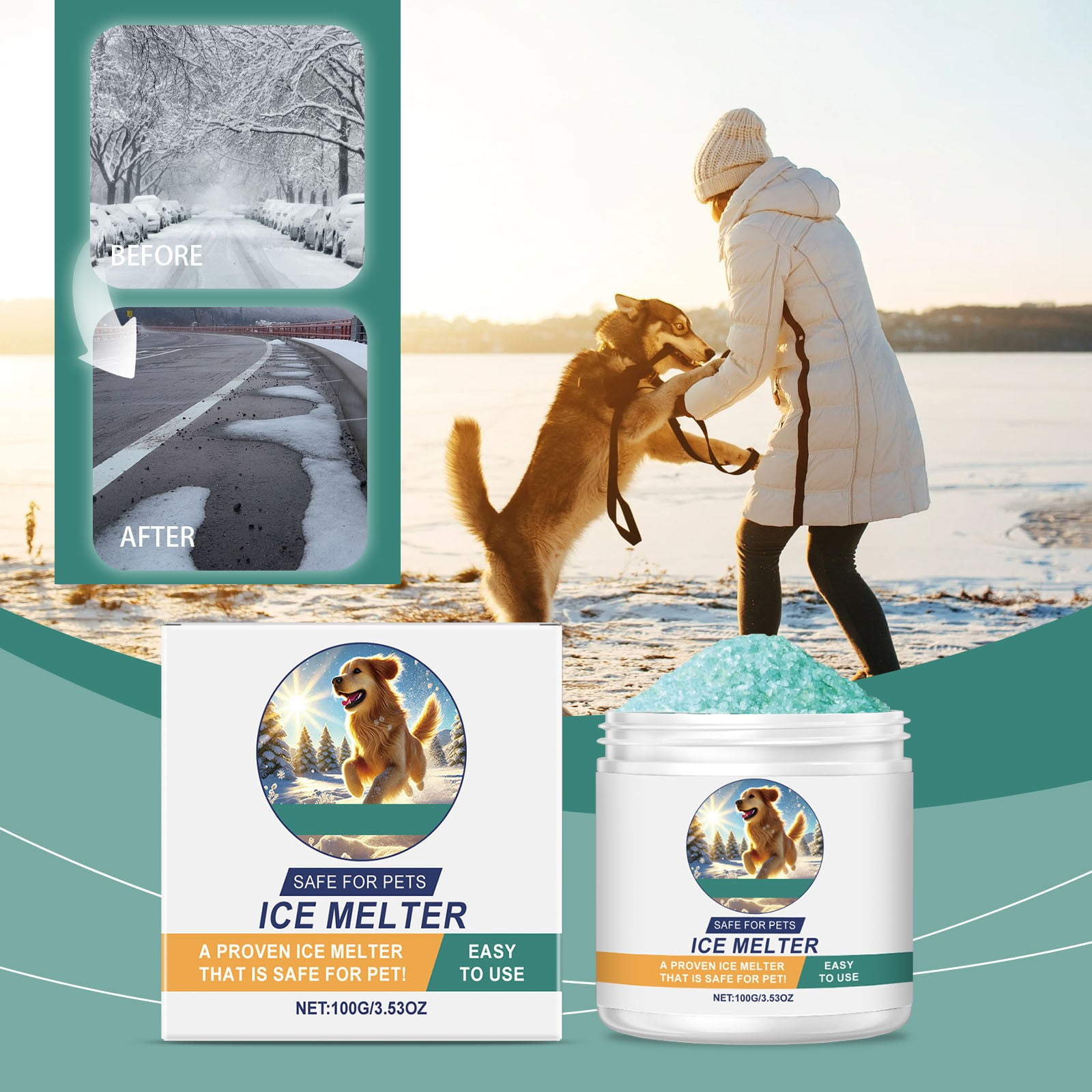 Pet Safe Ice Melt 3.53 Oz, Pet & Kid Friendly Ice Melt Safe for Concrete, Driveways, Winter Use, Ice Melter Safe for Pets & Sidewalk