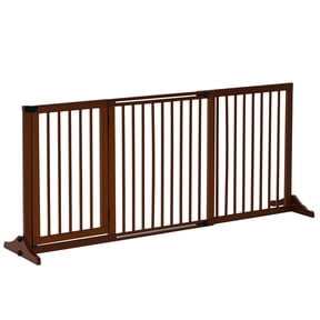 Pet Safety Gate, 3-Panel Extendable Pine Wood Barrier with Gate and Floor Support, 44-65in, Brown, for Hallways and Doorways