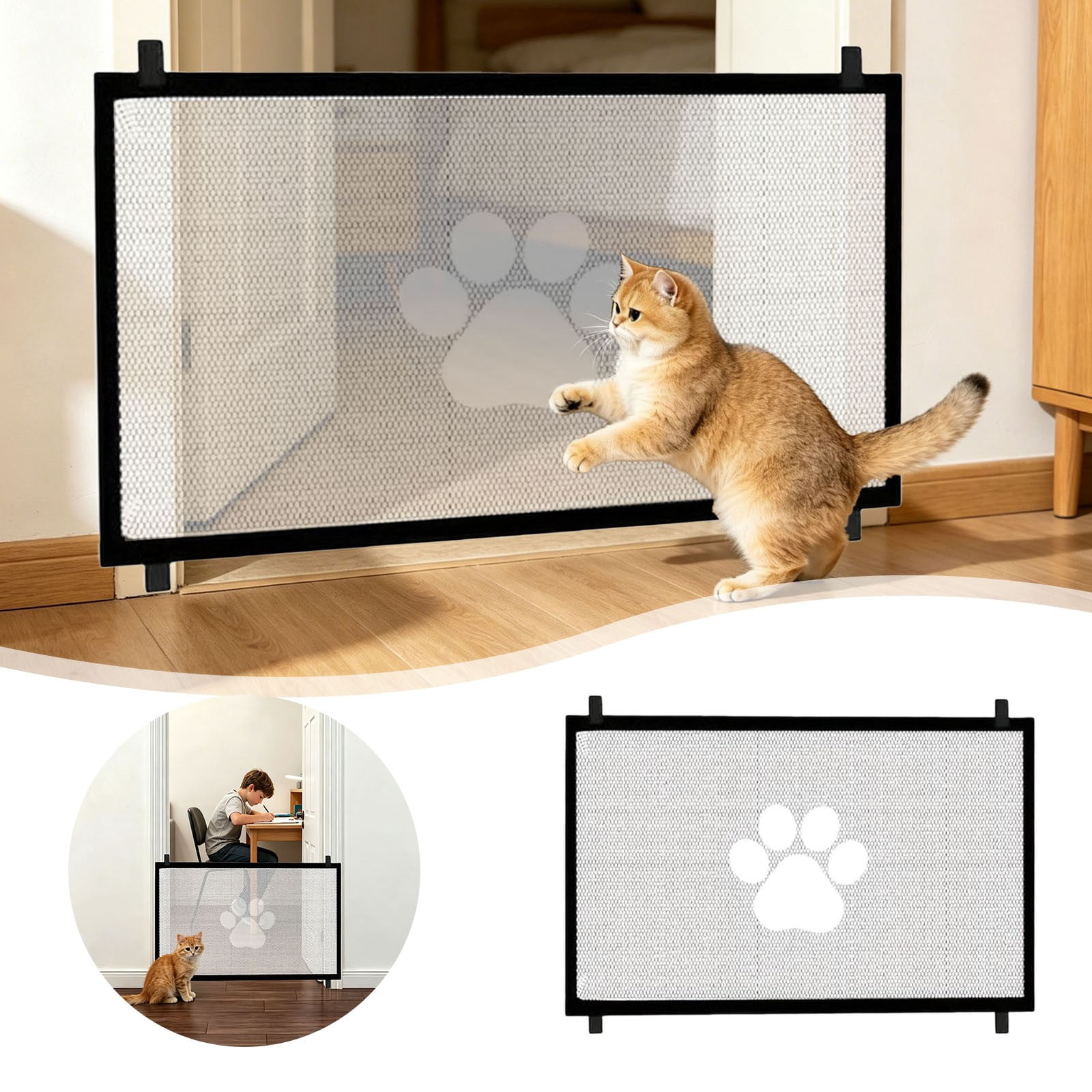 Pet Safety Gate Mesh Screen, Portable Dog Cat Isolation Barrier for Doorways, Stairs and Hallways, Retractable Mesh Gate with Paw Print Design, Easy Install Indoor Pet Fence for Home