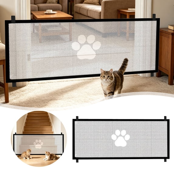 Pet Safety Gate Mesh Screen, Portable Dog Cat Isolation Barrier for Doorways, Stairs and Hallways, Retractable Mesh Gate with Paw Print Design, Easy Install Indoor Pet Fence for Home