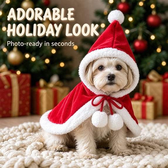 Pet Santa Cape Christmas Pet Hooded Cloak with Pom Poms White Soft Adjustable Pet Holiday Dress Up Outfit for Small Dogs Cats Xmas Photo Party L