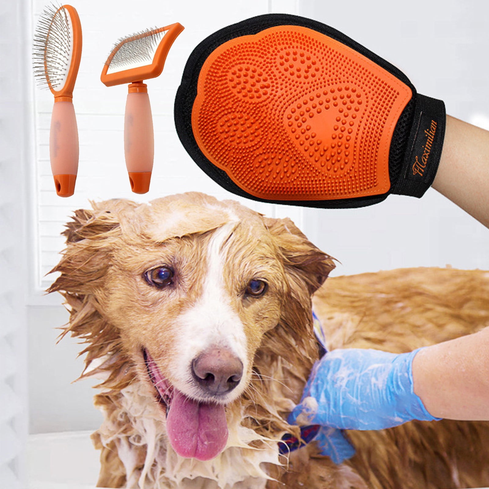 Pet Shampoo & Bath Brush Soothing Massage Rubber Comb & Bath Gloves ...