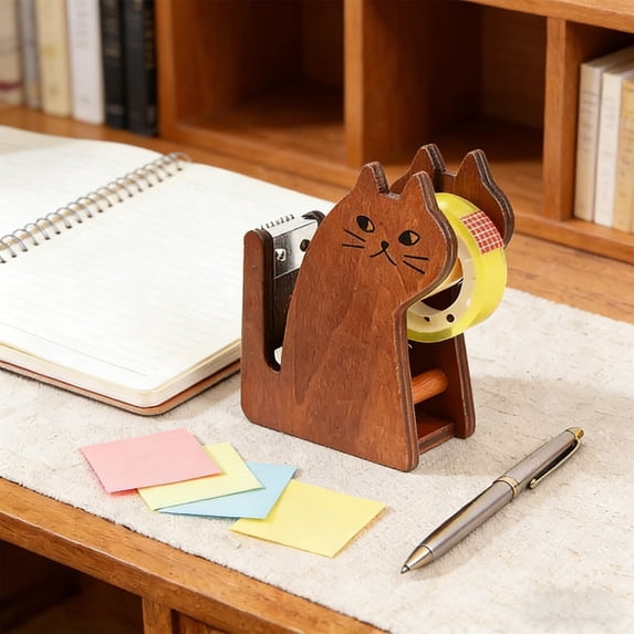 Pet Shaped Wooden Kitty Tape Cutter and Storage Rack, Adorable Desk Accessory for Office Campus Home, Compact Reusable Tape Dispenser, 3.5 Inch, For Youngsters and Teachers