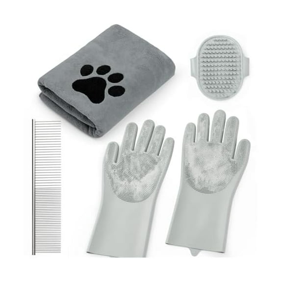 Pet Shower & Bath Supplies,Dog Shampoo Brush Set with Towel, Washing Gloves,Comb for Dogs and Cats (Grey)