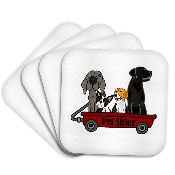 3drose, Pet Sitter Weimaraner, Black Lab, Boston Terrier, Beagle Dogs in Wagon, Set of 4 Coasters - Soft