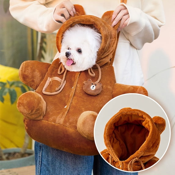 Pet Sling Bag Bear Hood Warm Crossbody Carrier Quilted Fleece Comfortable for Small Dogs Cats Travel Walks Vet Visits Café Trips