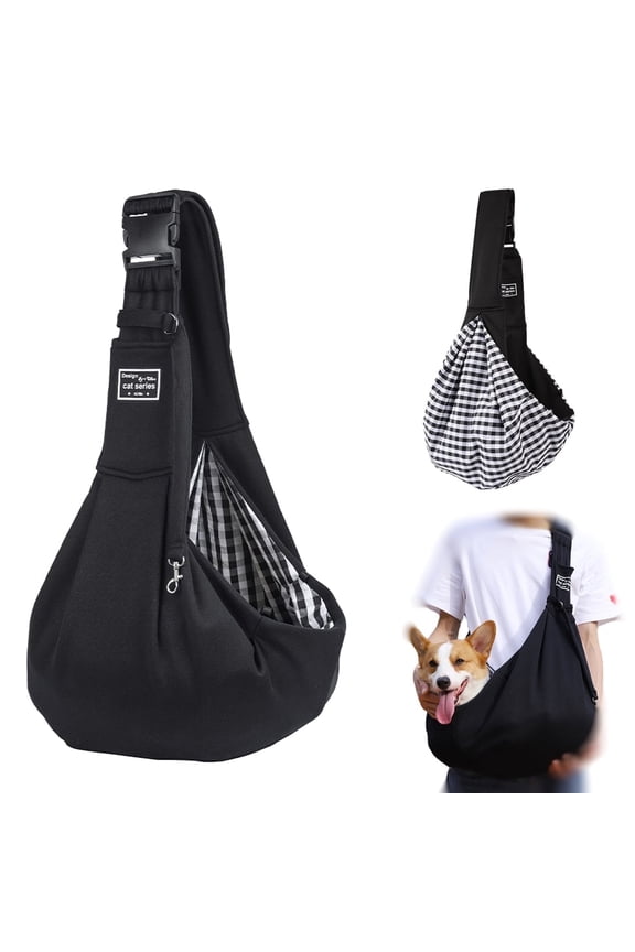 Pet Sling Carrier, Pet Carrier for Small and Medium Dog up to 15 Lbs, Wrap Carrier Sling Adjustable Strap Zip Pocket, Hands Free Pets Pack for Outdoor Travel Subway - BLACK
