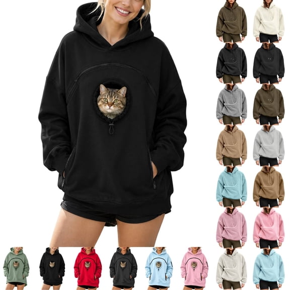 Pet Sling Hoodie for Women, Ultra-Soft Warm Pet Pouch Hoodies with Pocket Front Carry Pouch for Small Dogs and Cats Black L
