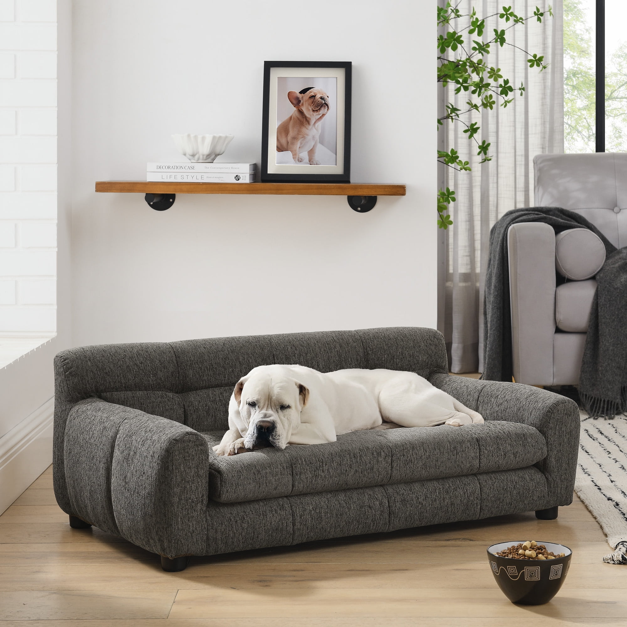 Pet Sofa with Backrest and Armrests, Breathable Linen Fabric Rectangular Dog Couch, Stable Short Leg Support, Comfort Elevated Pet Bed for Small Medium Large Dogs