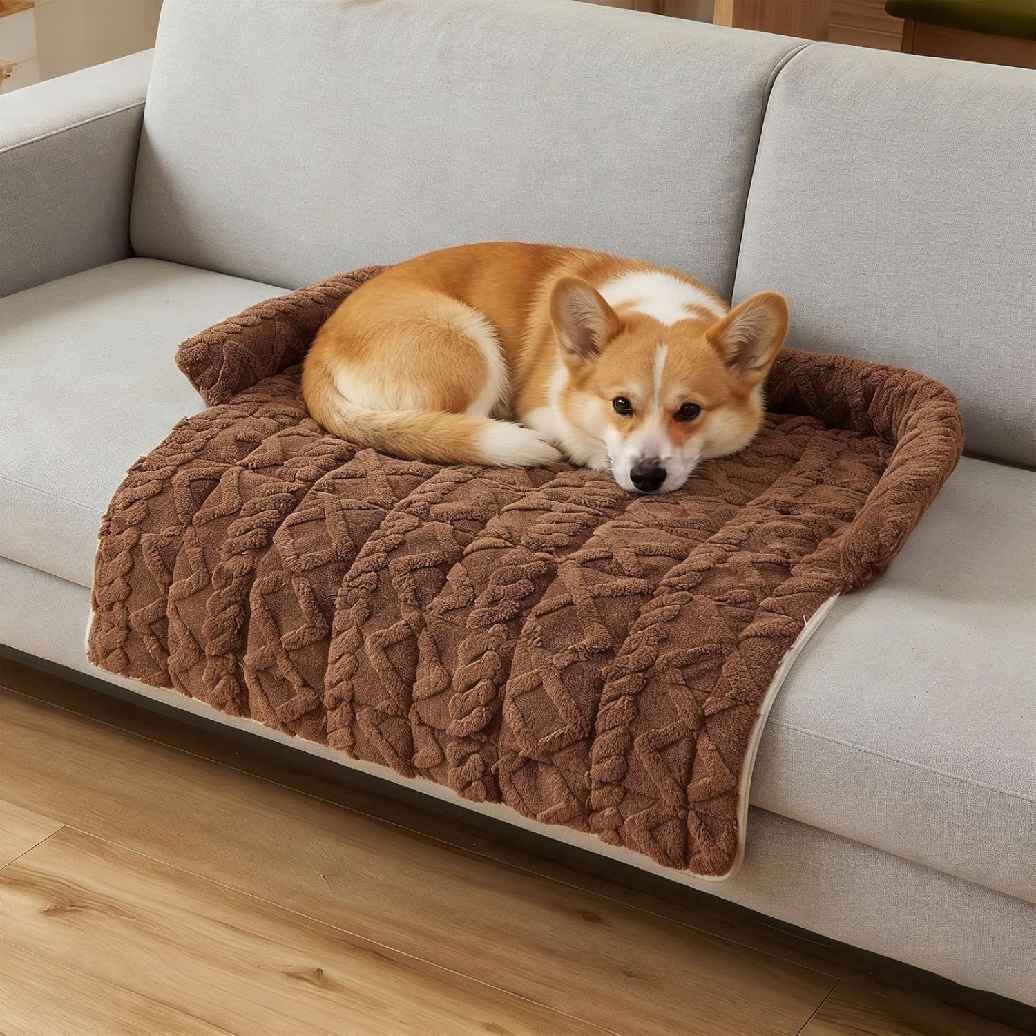 Pet Sofa Bed for Couch, 2026 Upgraded Plush Washable Waterproof Non-Slip Pet Mat, Cozy Furniture Protector for Small Medium Dogs & Cats (Coffee)