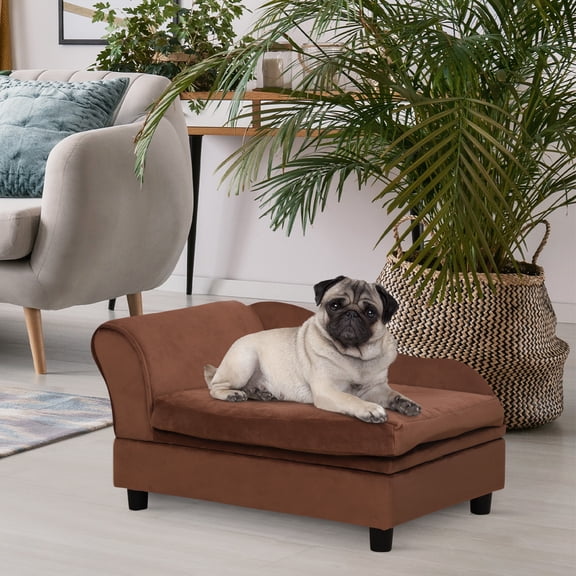 Pet Sofa Bed with Storage for Cats & Small Dogs, Velvet Cushion, Space-Saving Design, Brown, 33 lbs Capacity