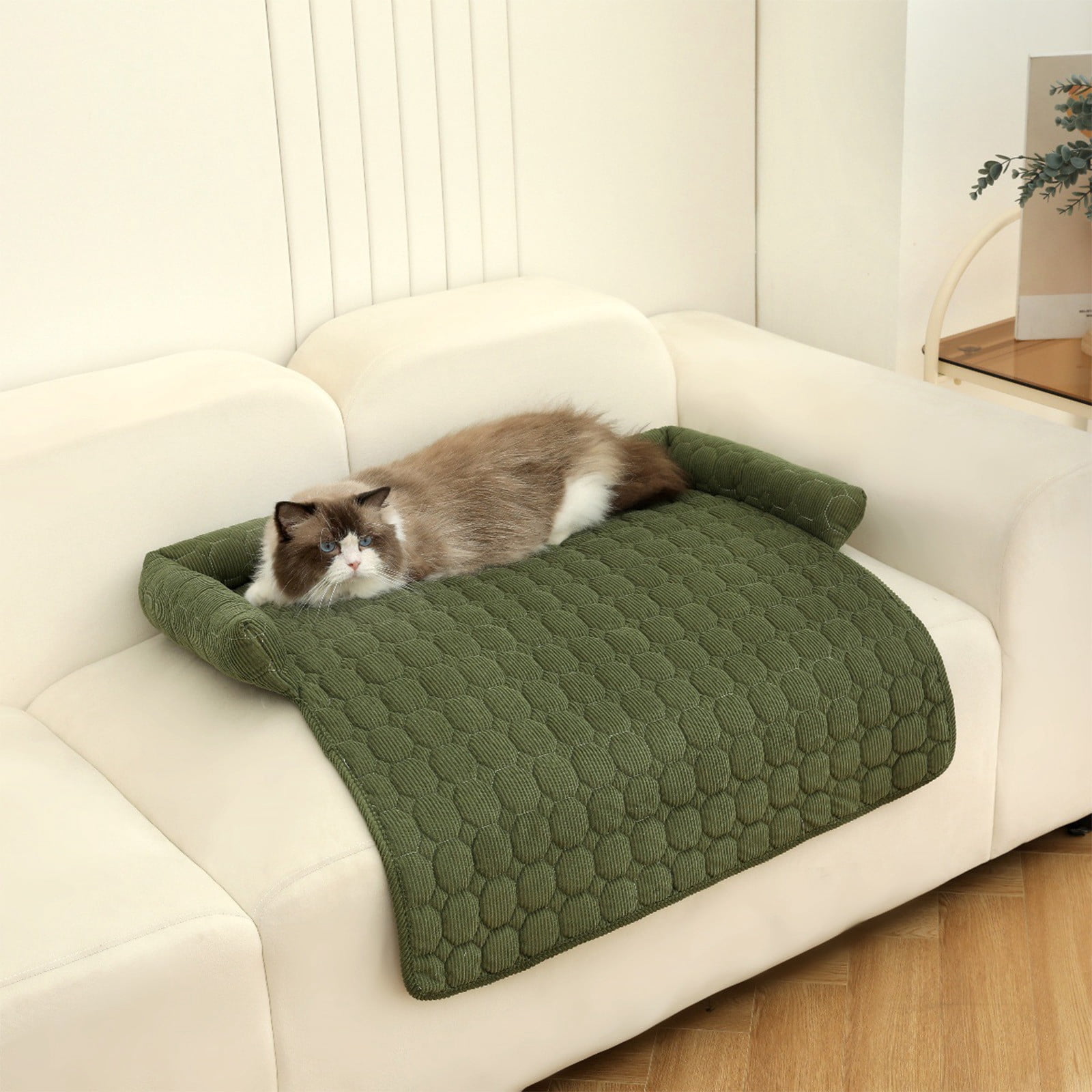 Pet Sofa Cushion Bed for Cats and Dogs, Plush Beige Sleeping Nest with Raised Backrest, Furniture Protector Cover Mat, 29.5x29.5in