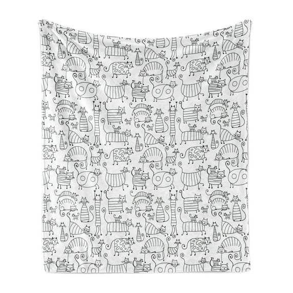 Pet Soft Flannel Fleece Throw Blanket, Kids Kitten Cat Hand Drawn Animal Love Baby Caricature Playroom Nursery Design, Cozy Plush for Indoor and Outdoor Use, 60" x 80", Black White, by Ambesonne