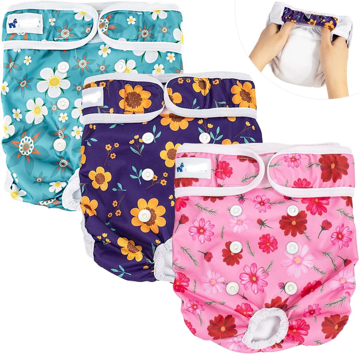 Pet Soft Washable Female Diapers Cute Flower Dog Diapers, Comfort Reusable Doggy Diapers for Girl Dog in Period Heat
