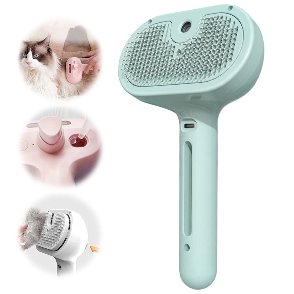 Pet Spray Hair Removal Comb,Upgraded 3 in 1 Cat Steam Brush, Self Cleaning Cat Steam Brush, with Water Tank and Release Button, Pet Steam Brush for Dog and Cat (White)