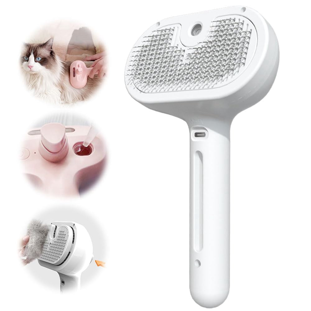 Pet Spray Hair Removal Comb,Upgraded 3 in 1 Cat Steam Brush, Self Cleaning Cat Steam Brush, with Water Tank and Release Button, Pet Steam Brush for Dog and Cat (White)