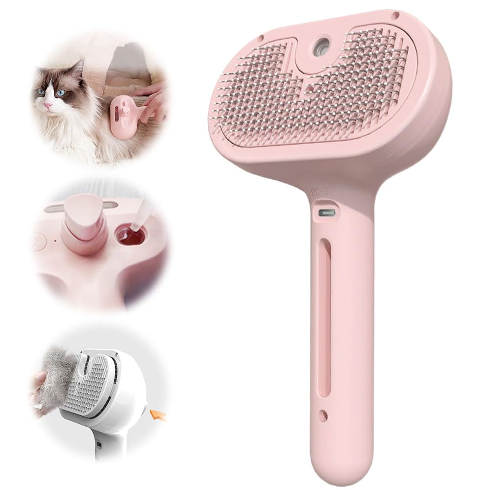 Pet Spray Hair Removal Comb,Upgraded 3 in 1 Cat Steam Brush, Self Cleaning Cat Steam Brush, with Water Tank and Release Button, Pet Steam Brush for Dog and Cat (White)