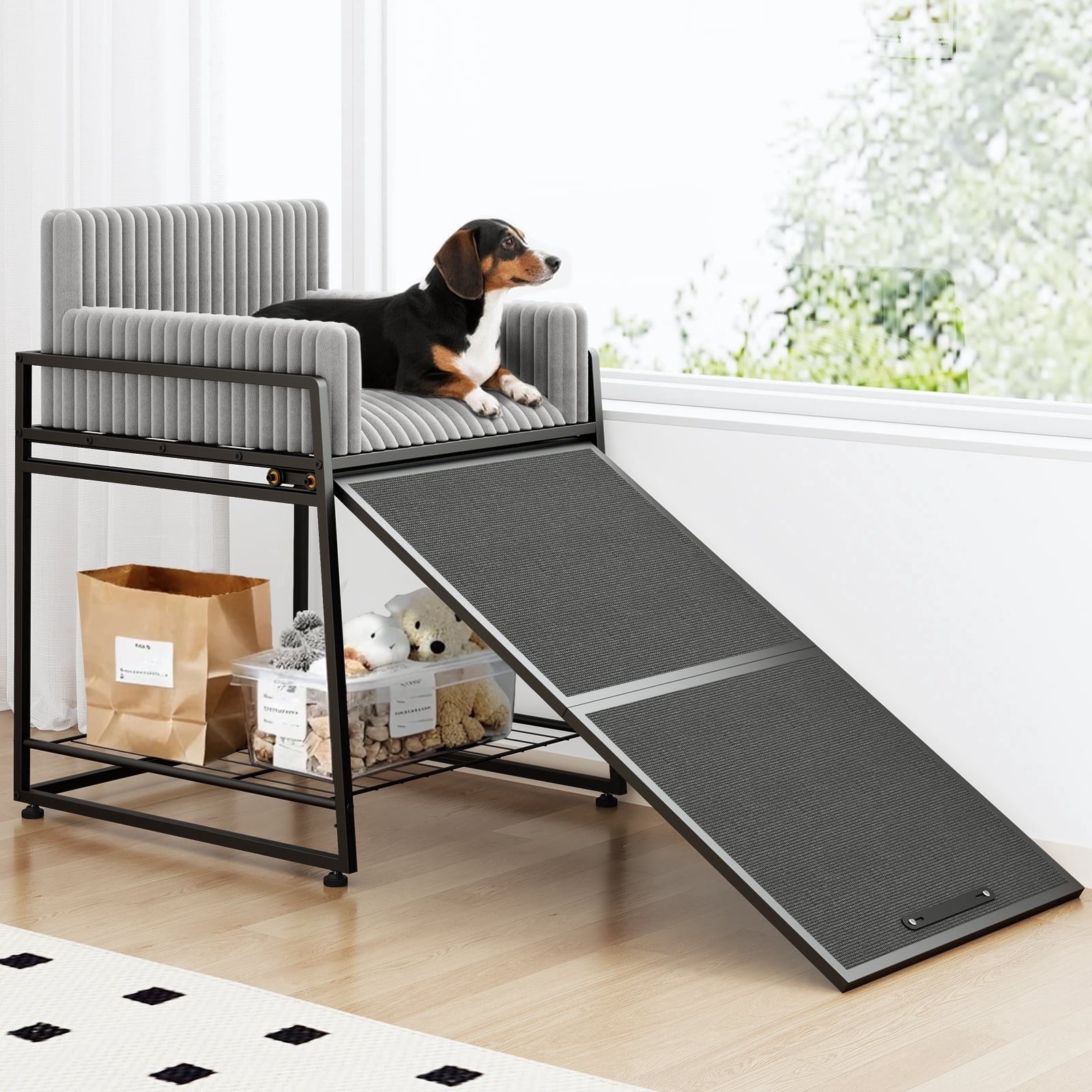 Stairs Ramp Seating Pet Stairs Ramp with Window Seat and Storage, Folding Dog and Cat Ramp ...
