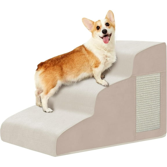 Pet Stairs for Small Dogs - 3-Step Curved Dog Ramp for Bed, Couch, Sofa, Car and Chairs - Non-Slip Bottom Design - Cat Scratching Board - High Density Foam Portable Pet Step - Beige