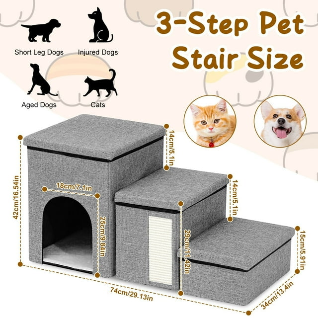 Pet Stairs for Small Medium Cats Dogs Folding 3-Step Pet Steps Dog Stairs for High Beds Sofas , Adjustable Non-Slip Dog Ramp with Storage Ladder and Cat Scratcher