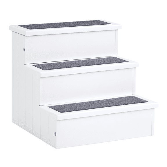 Pet Stairs for Small Dogs & Cats - 3 Step Wooden Ramp - Non Slip Carpeted - White - for Beds, Sofas, Furniture - Storage Space Inside - Holds 65lbs