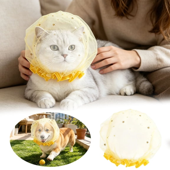 Pet Star Tulle Veil Hat, Adjustable Elastic Star Mesh Bonnet for Cats Small Dogs, Cute Ruffle Pet Headwear for Birthday Party Photo Accessory