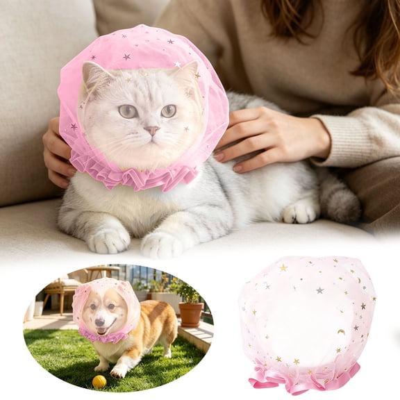 Pet Star Tulle Veil Hat, Adjustable Elastic Star Mesh Bonnet for Cats Small Dogs, Cute Ruffle Pet Headwear for Birthday Party Photo Shoot Costume Accessory