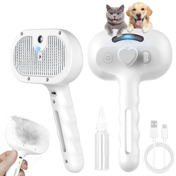 Pet Steam Brush for Dogs Cats 3-in-1 Professional Grooming Brush with Steam Mist Technology for Effective Shedding Hair Removal Self-Cleaning Spray Comb for Long/Short Haired Pets (White)