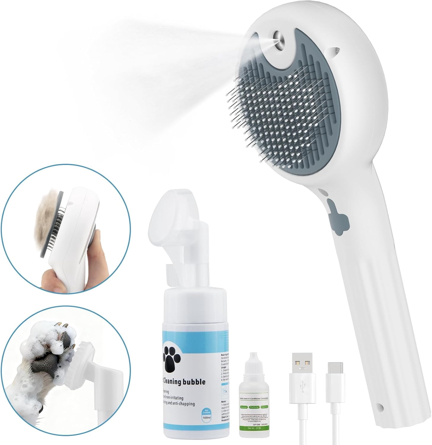 Pet Steam Brush for Dogs & Cats, 3-in-1 Spray Grooming Brush with Steam, Deshedding & Hair Removal Comb, Waterless Bath & Paw Cleaning for Long & Short Haired Pets