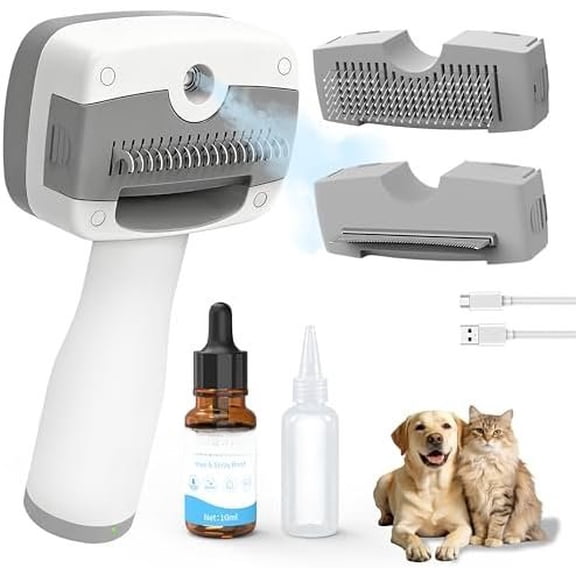 Steam Brush for Dogs & Cats,5-in-1 Self-Cleaning  Steam Brush with 3 Swap-in Heads (, Dematting, Deshedding),  Hair Removal Comb,Includes   & Storage Bag
