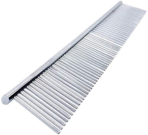 Pet Steel Combs, Premium Stainless Steel Grooming Tool with Rounded Teeth and Non-Slip Grip Handle, for Detangled Fur and Boosted Circulation, Portable for All Hair Types