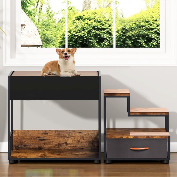 Pet Step Window Perch, Bunk Bed Window Perch for Dogs and Cats, Multi-Level Platform with Sponge Pad, Non-Slip & Storage, Vintage