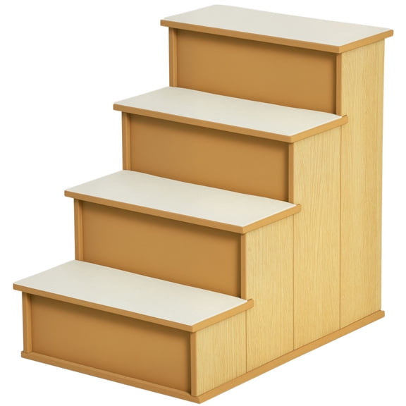 Pet Steps, 4-Step MDF Wood Stairs with Removable Short Plush Covers, Natural Wood, for Dog and Cat Bed or Sofa Access, Up to 30 kg