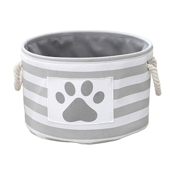 Pet Storage Collection Striped Paw Patch Bin, Small Round Foldable Fabric Storage Basket,Soft Cloth Organizer with Handles for Clothing, Toys