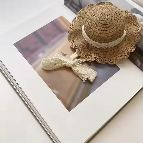 Pet Straw Sun Hat - Lace - Trimmed Summer Beach Hat with Bow, Adjustable Sun Protection Cap for Small Dogs & Cats (Size S, Beige)