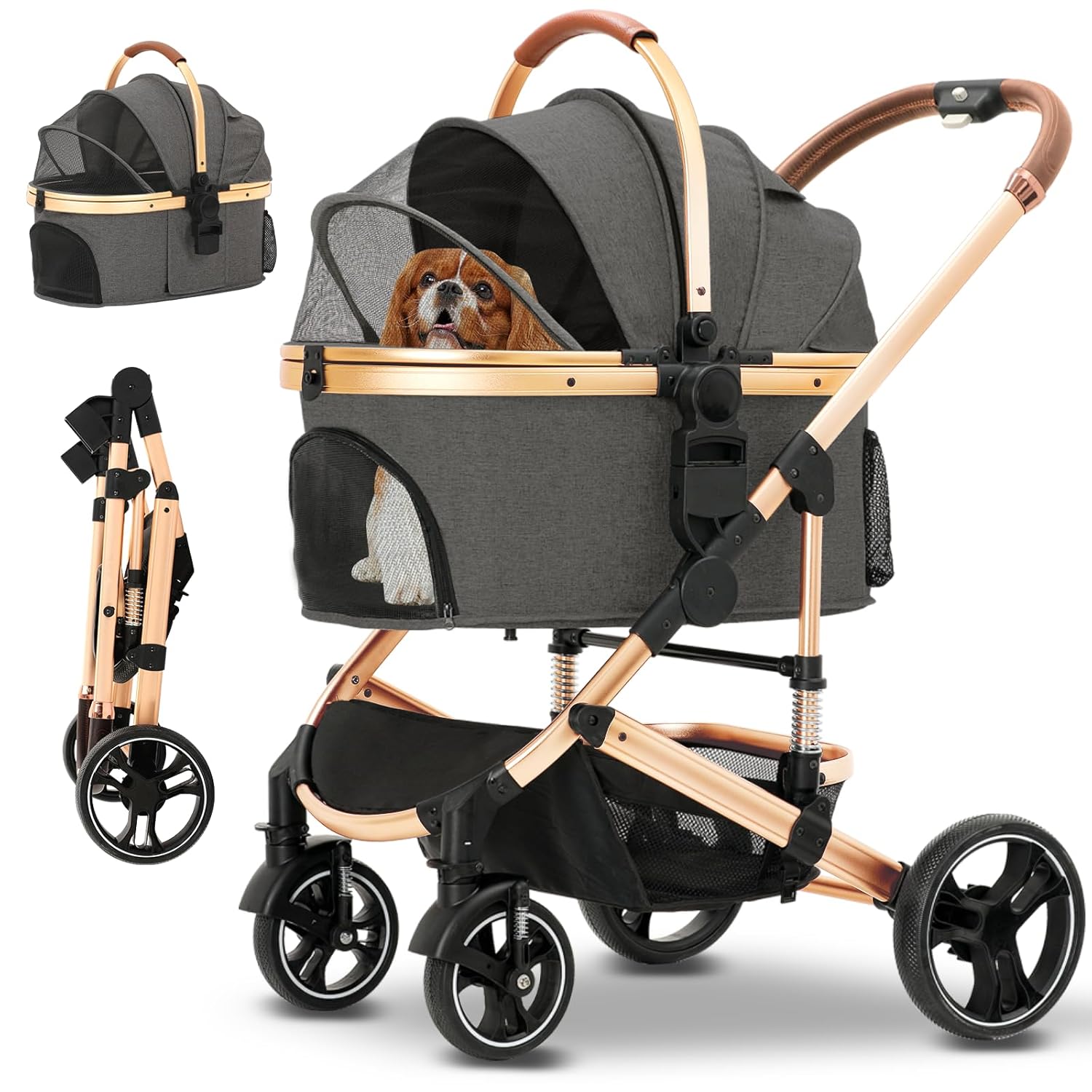 Pet Stroller Foldable 4 Wheels Dog Stroller Detachable Carrier up to 35lbs