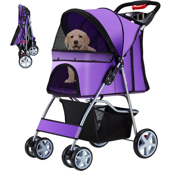 Pet Stroller 4 Wheels Dog Cat Stroller for Medium Small Dogs Cats, Folding Cat Jogger Stroller with Storage Basket & Breathable Mesh, Easy to Walk Travel Carrier, Black