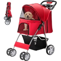 Pet Stroller, 4 Wheels Pet Strolling Cart for Medium/Small Dogs and Cats, Foldable Cat Jogger/Dog Stroller with Cup Holder, Storage Basket, Breathable Mesh, All-Season Pet Carrier, Red