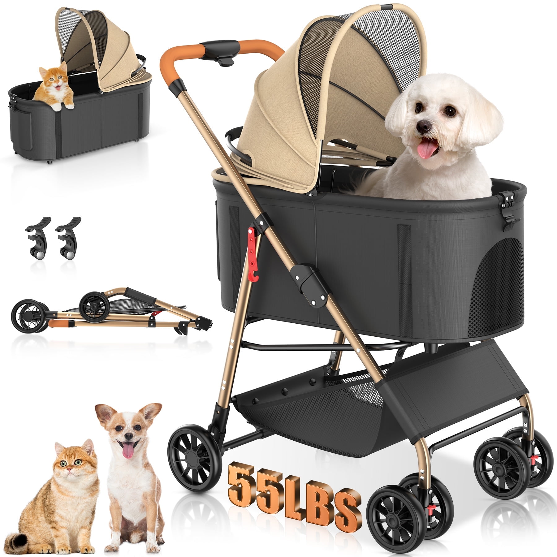 Pet Stroller with 4 Wheels, Foldable Pet Travel Carrier for Small/Medium Dogs Cats up to 55lbs, Detachble Basket Removable Carriert Car Seat 3 in 1 Multifunctional