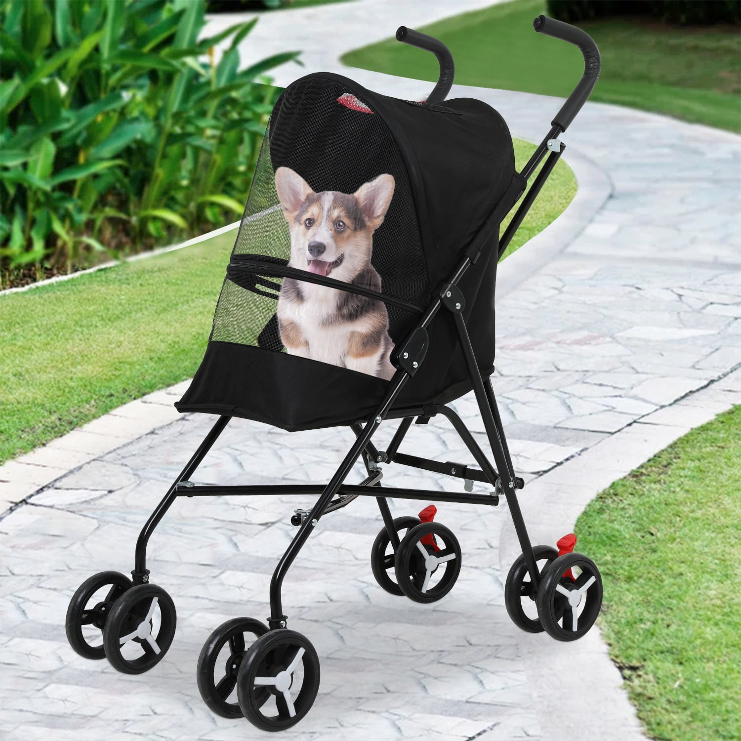 Pet Stroller Dog Cat Stroller with Handlebars Canopy Breathable Mesh