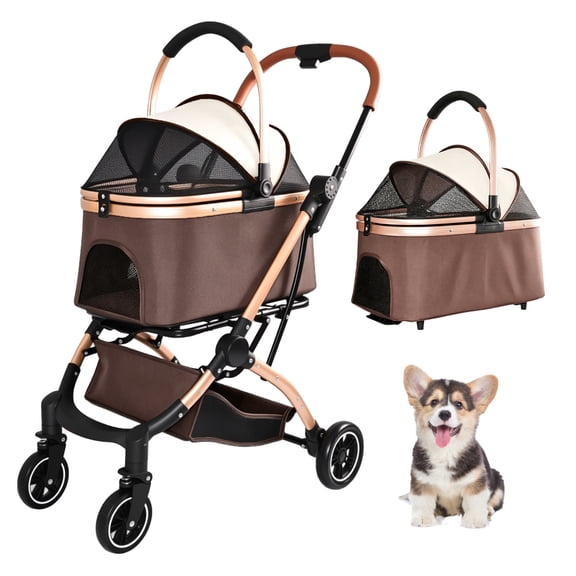 Pet Stroller for Dogs and Cats, 2-in-1 Detachable Foldable Pet Stroller with One-Hand Quick Fold, Storage Basket & Sun Canopy, Carries up to 28lbs, Khaki