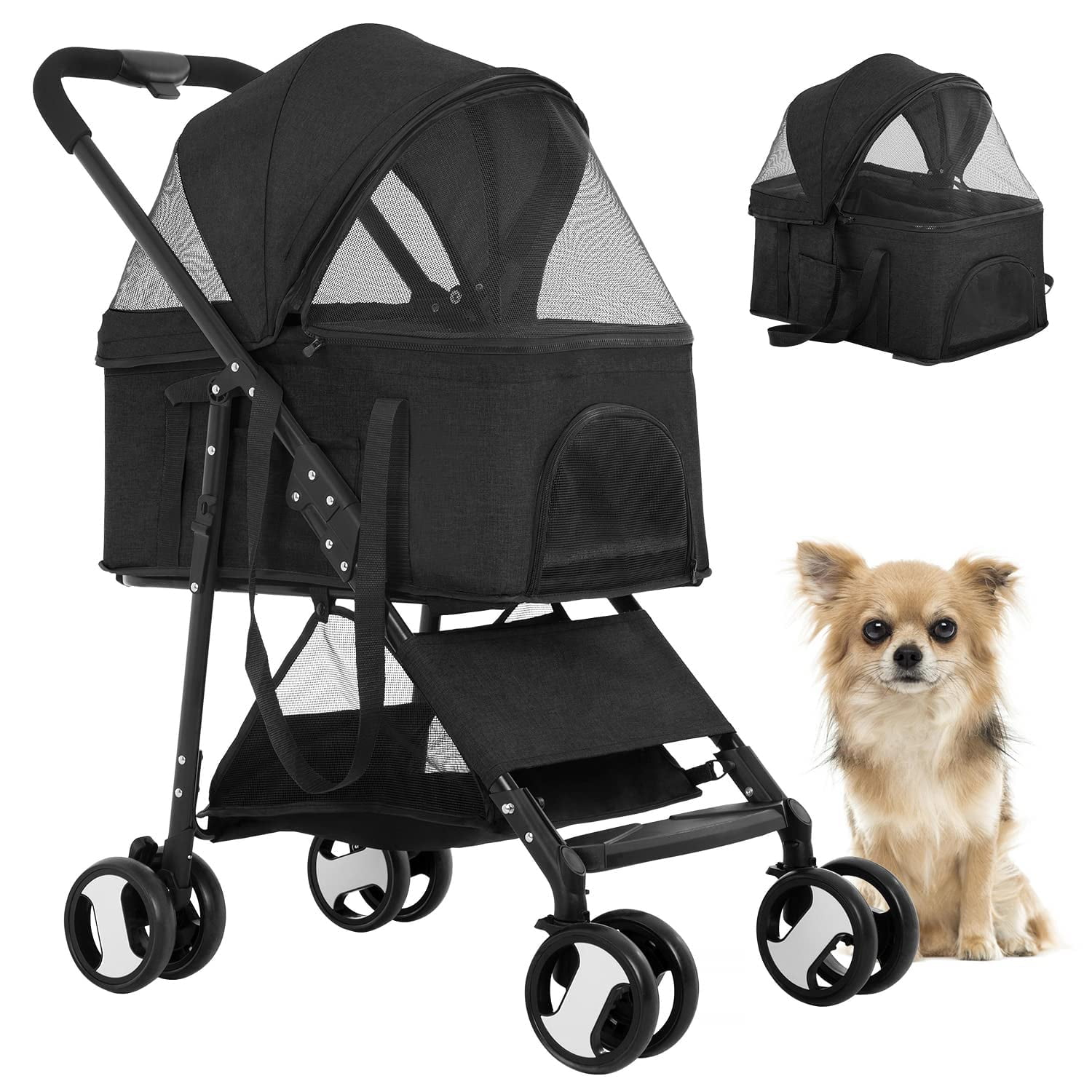 Black Foldable Stainless Steel Pet Stroller with Detachable Carrier