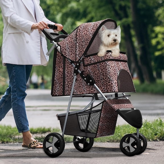 Pet Stroller for Small Dogs 10 lbs, Dog Stroller for Medium Dogs 30 lbs, Cat Strollers for 2 Cats, 3 Wheels Foldable Jogger Puppy Stroller with Storage Basket and Cup Holder, Leopard Print