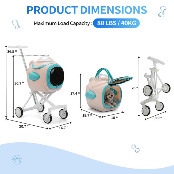 Pet Stroller with Temperature Display & Ventilation Fan, Foldable 4-Wheel Dog Stroller with Anti-Irritation Privacy Barrier, Night Light, Detachable Car for Small & Medium Pet