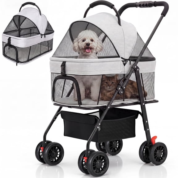Ferhtm Dog Stroller for Small to Medium Dogs, Foldable Panoramic Mesh Pet Stroller with Detachable Carrier & Safety Tether, Puppy & Cat Stroller up to 35 lbs