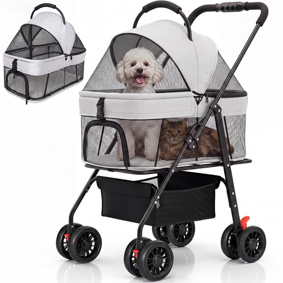 Ferhtm Dog Stroller for Small to Medium Dogs, Foldable Panoramic Mesh Pet Stroller with Detachable Carrier & Safety Tether, Puppy & Cat Stroller up to 35 lbs