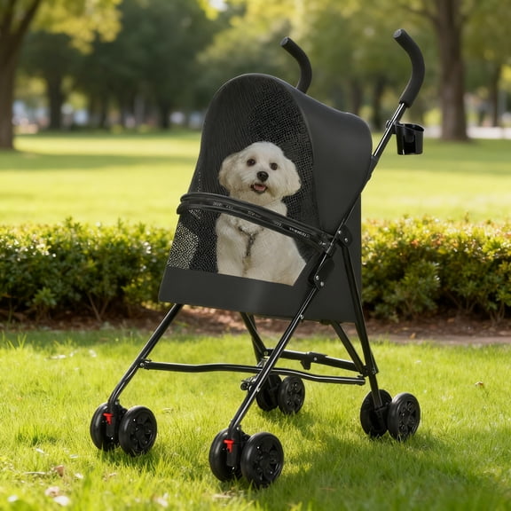 Pet Stroller for Small Dogs & Cats, Lightweight Foldable Travel Carrier with Mesh Ventilation & Cup Holder, Portable Pet Cart
