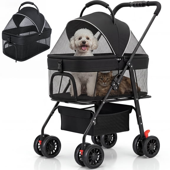 Ferhtm Dog Stroller for Small to Medium Dogs, Foldable Panoramic Mesh Pet Stroller with Detachable Carrier & Safety Tether, Puppy & Cat Stroller up to 35 lbs, Black